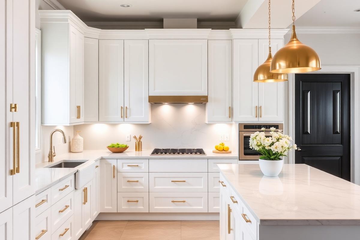 Modern white kitchen with brass pendants