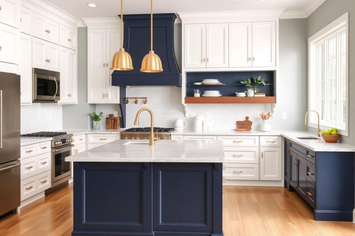 Navy island kitchen with marble countertops